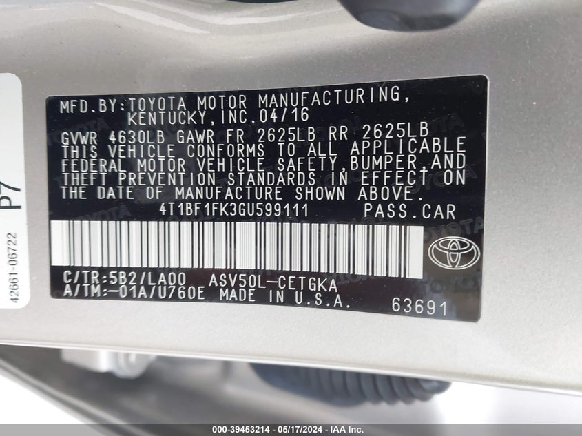 2016 Toyota Camry Xle VIN: 4T1BF1FK3GU599111 Lot: 39453214
