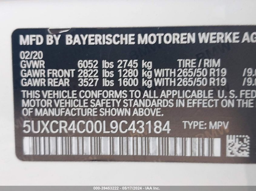 2020 BMW X5 Sdrive40I VIN: 5UXCR4C00L9C43184 Lot: 39453222