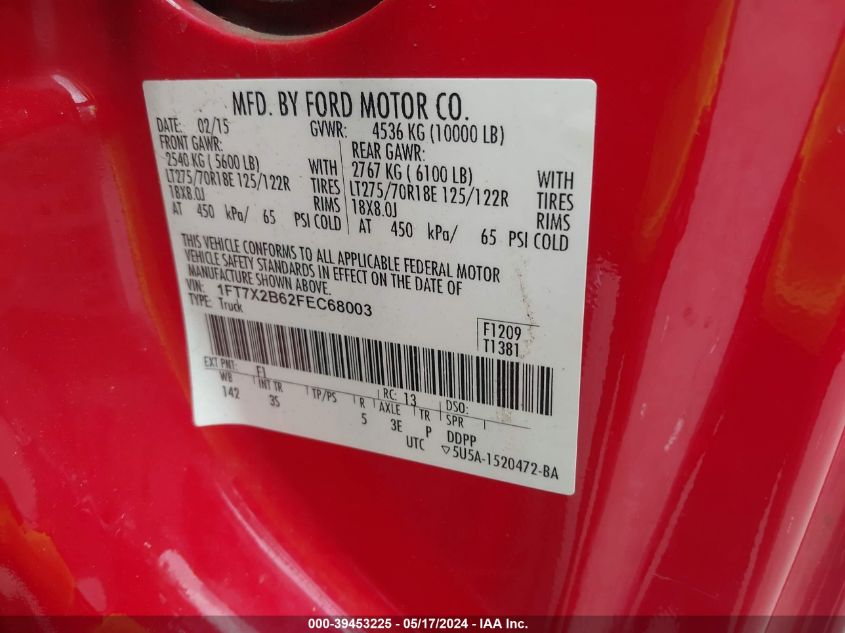 2015 Ford F-250 Xlt VIN: 1FT7X2B62FEC68003 Lot: 39453225