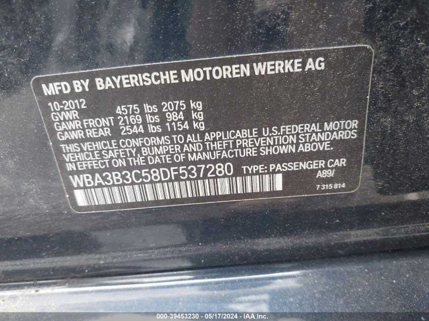 2013 BMW 328I xDrive VIN: WBA3B3C58DF537280 Lot: 39453230