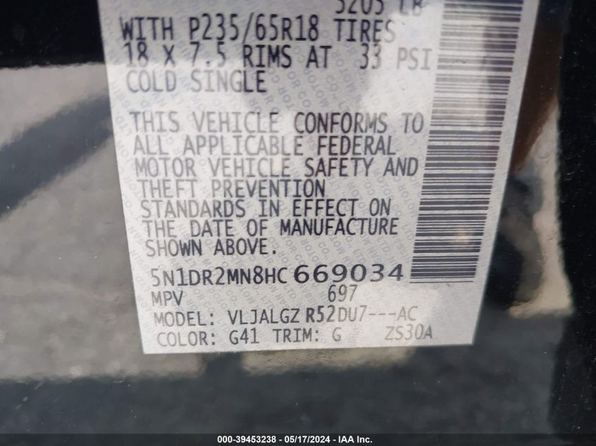 2017 Nissan Pathfinder Sl VIN: 5N1DR2MN8HC669034 Lot: 39453238