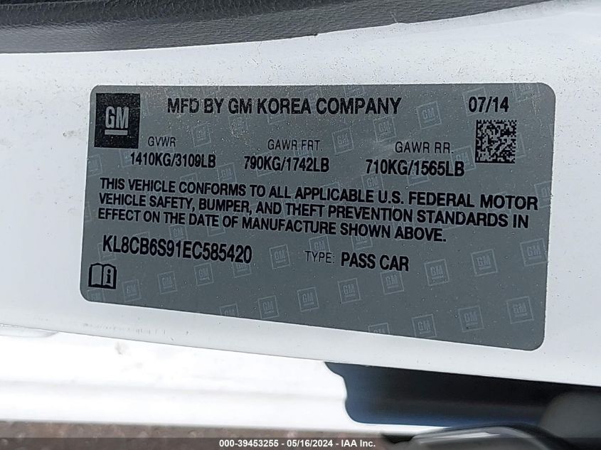 2014 Chevrolet Spark Ls Auto VIN: KL8CB6S91EC585420 Lot: 39453255