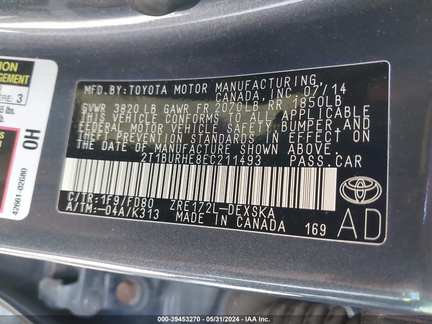 2014 Toyota Corolla S Plus VIN: 2T1BURHE8EC211493 Lot: 39453270