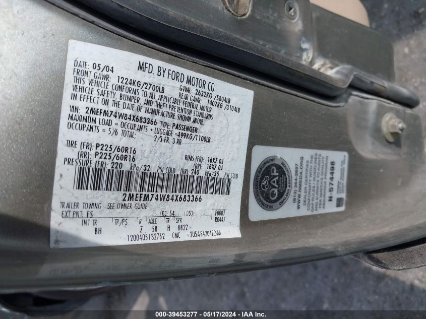 2004 Mercury Grand Marquis Gs VIN: 2MEFM74W84X683366 Lot: 39453277