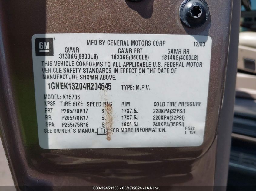 2004 Chevrolet Tahoe Lt VIN: 1GNEK13Z04R204645 Lot: 39453308