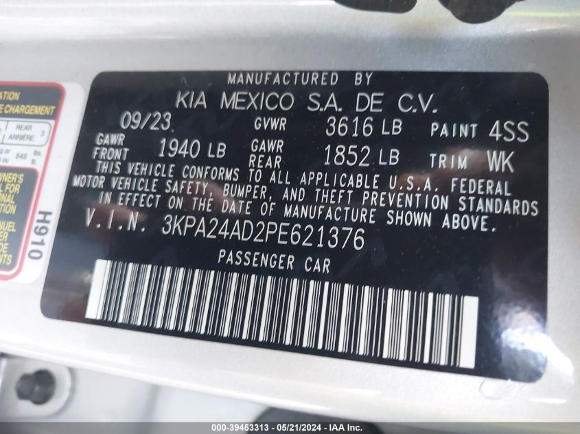 2023 Kia Rio S VIN: 3KPA24AD2PE621376 Lot: 39453313