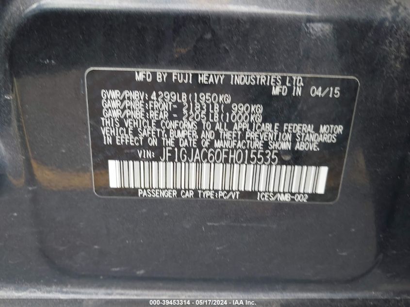 2015 Subaru Impreza 2.0I Premium VIN: JF1GJAC60FH015535 Lot: 39453314