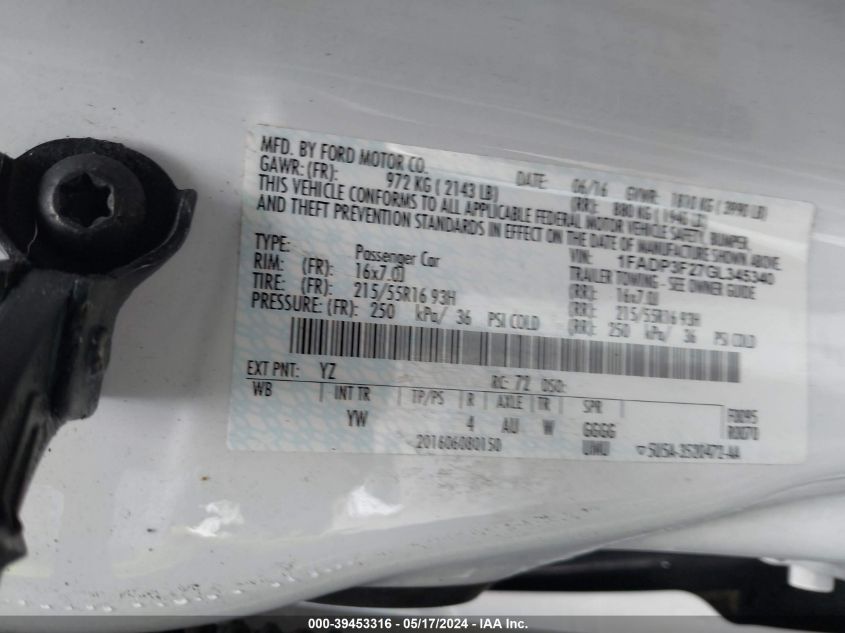 2016 Ford Focus Se VIN: 1FADP3F27GL345340 Lot: 39453316