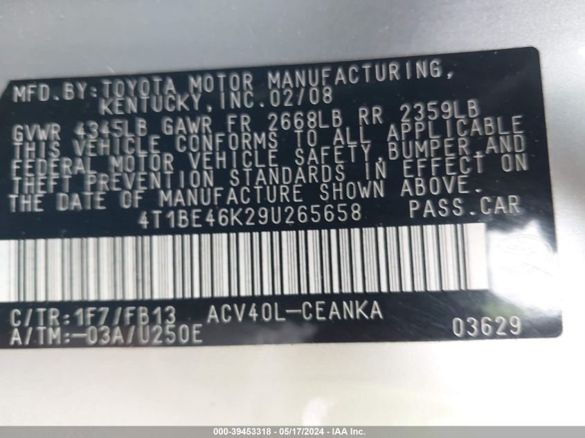 2009 Toyota Camry Le VIN: 4T1BE46K29U265658 Lot: 39453318