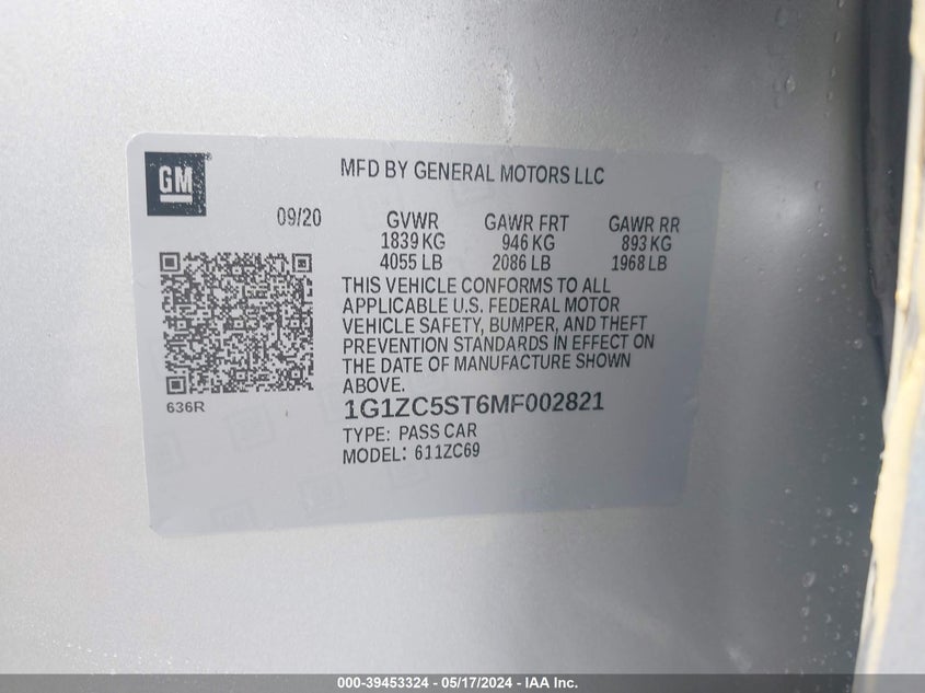 2021 Chevrolet Malibu Fwd 1Fl VIN: 1G1ZC5ST6MF002821 Lot: 39453324