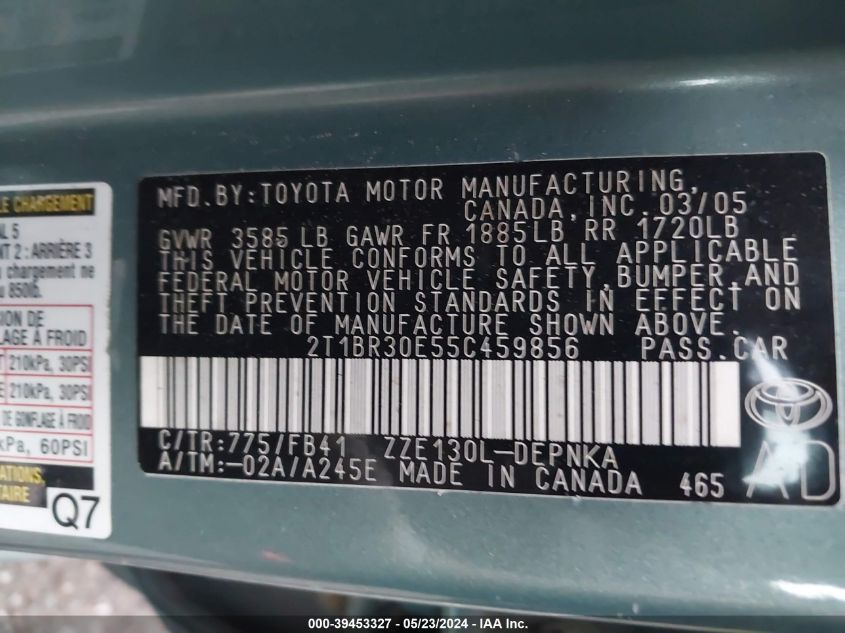 2005 Toyota Corolla Le VIN: 2T1BR30E55C459856 Lot: 39453327