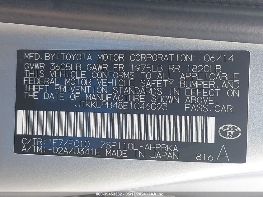 2014 Scion Xd VIN: JTKKUPB48E1046093 Lot: 39453332