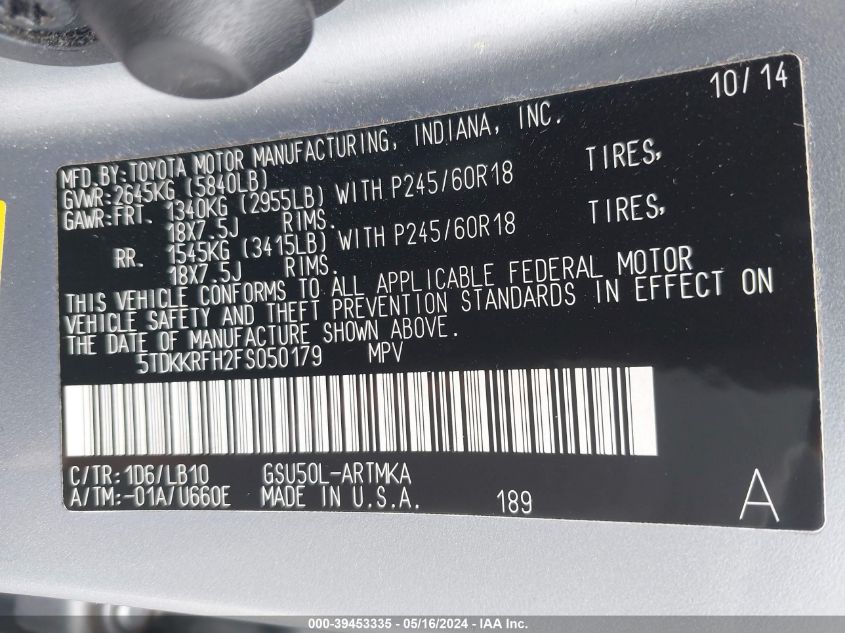 2015 Toyota Highlander Xle V6 VIN: 5TDKKRFH2FS050179 Lot: 39453335