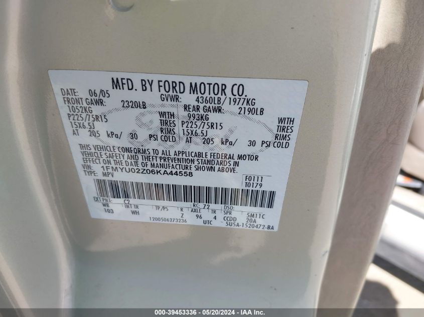 2006 Ford Escape Xls/Xls Manual VIN: 1FMYU02Z06KA44558 Lot: 39453336