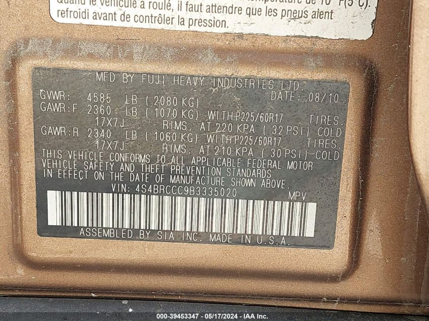 2011 Subaru Outback 2.5I Premium VIN: 4S4BRCCC9B3335020 Lot: 39453347