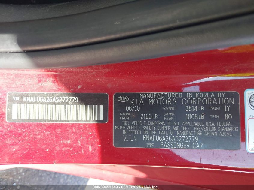 2010 Kia Forte Koup Ex VIN: KNAFU6A26A5272779 Lot: 39453349