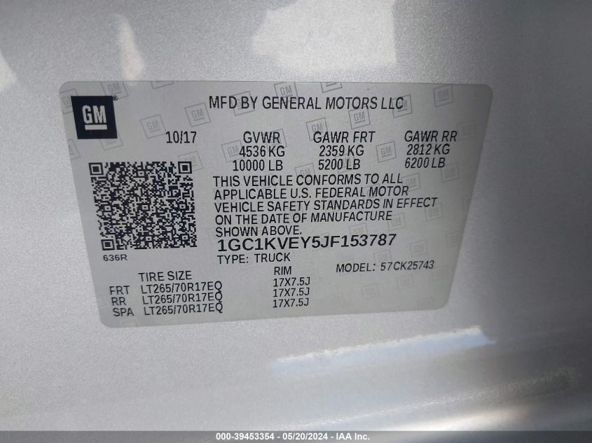 2018 Chevrolet Silverado 2500Hd Lt VIN: 1GC1KVEY5JF153787 Lot: 39453354