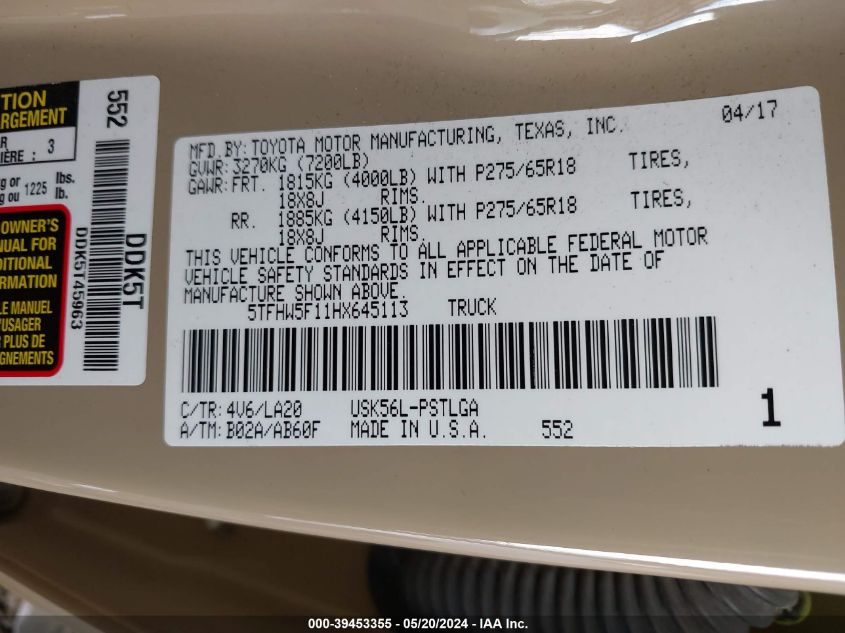 2017 TOYOTA TUNDRA CREWMAX LIMITED - 5TFHW5F11HX645113