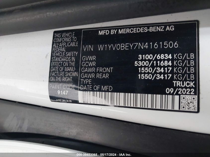 2022 Mercedes-Benz Metris VIN: W1YV0BEY7N4161506 Lot: 39453365