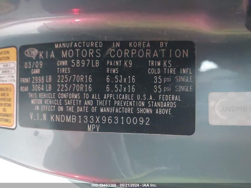 2009 Kia Sedona VIN: KNDMB133X96310092 Lot: 39453366