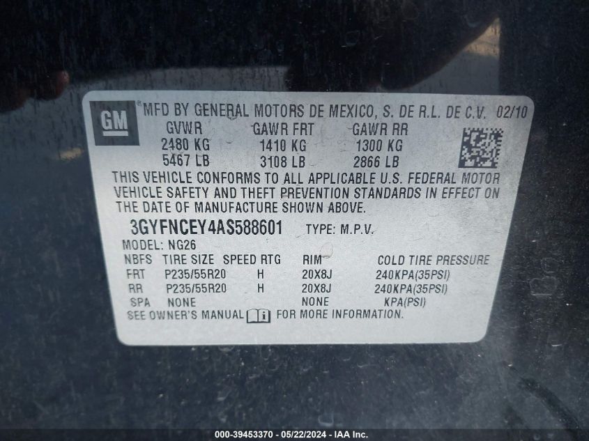 2010 Cadillac Srx Premium Collection VIN: 3GYFNCEY4AS588601 Lot: 39453370