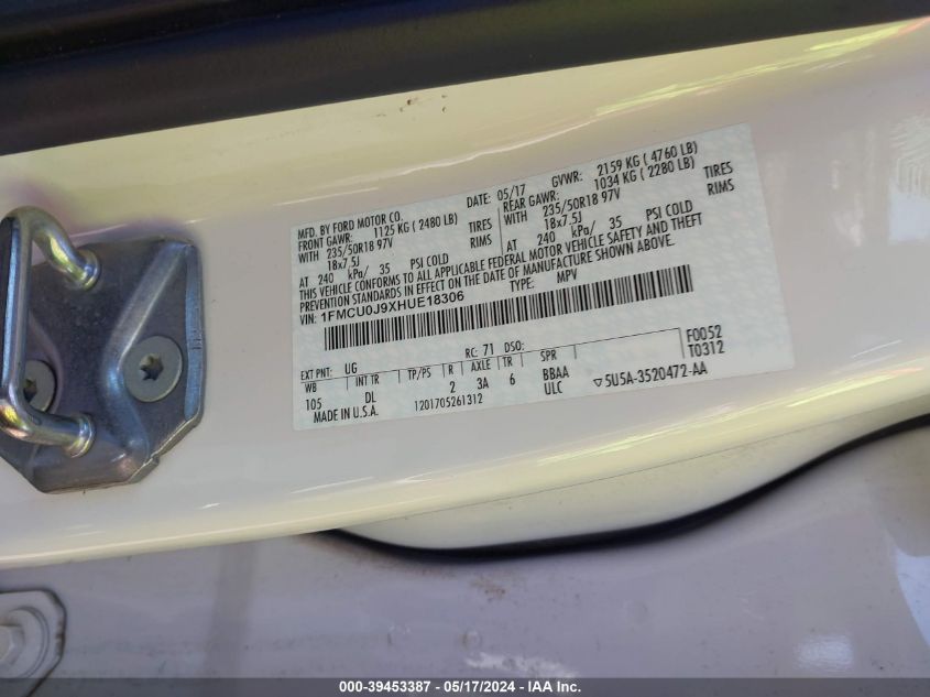 2017 Ford Escape Titanium VIN: 1FMCU0J9XHUE18306 Lot: 39453387