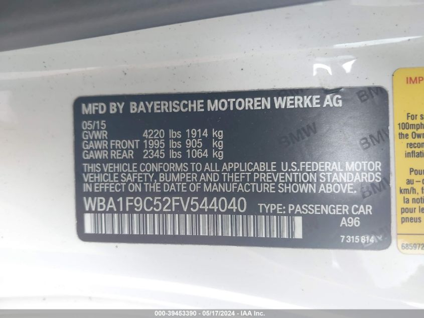 2015 BMW 228I VIN: WBA1F9C52FV544040 Lot: 39453390