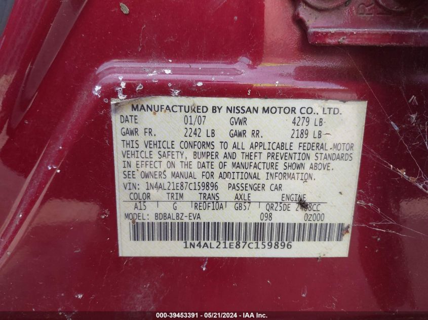 2007 Nissan Altima 2.5 S VIN: 1N4AL21E87C159896 Lot: 39453391