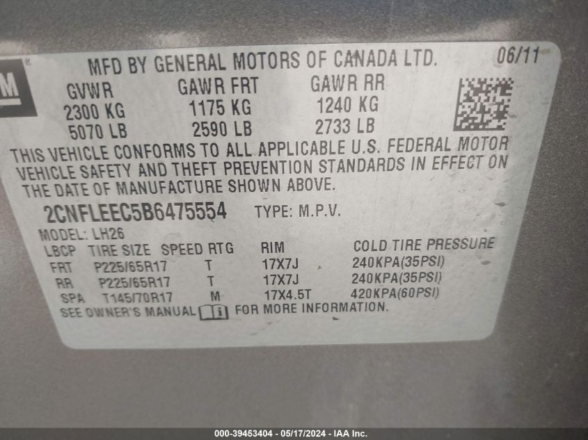 2011 Chevrolet Equinox 1Lt VIN: 2CNFLEEC5B6475554 Lot: 39453404