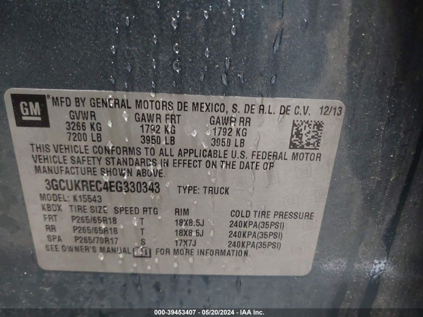 2014 Chevrolet Silverado 1500 K1500 Lt VIN: 3GCUKREC4EG330343 Lot: 39453407