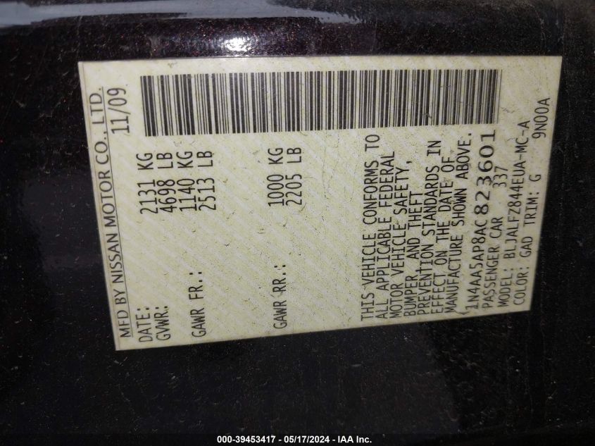 2010 Nissan Maxima 3.5 Sv VIN: 1N4AA5AP8AC823601 Lot: 39453417