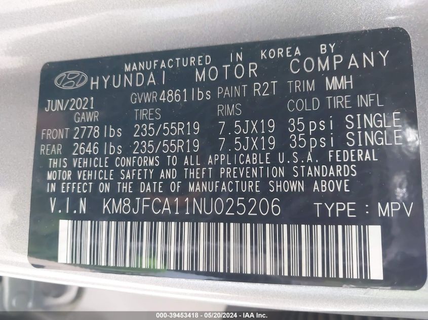 2022 Hyundai Tucson Hybrid Sel Convenience VIN: KM8JFCA11NU025206 Lot: 39453418