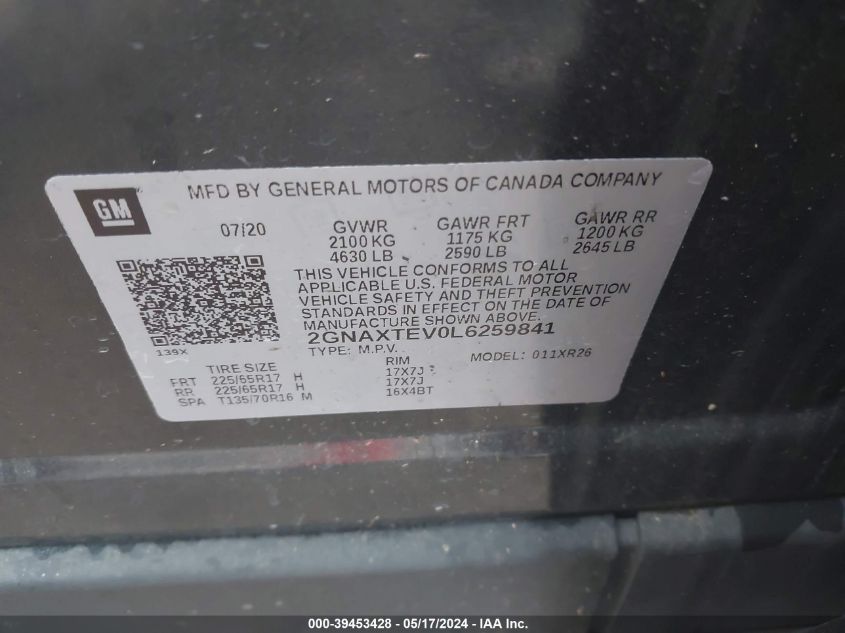 2020 Chevrolet Equinox Awd 2Fl VIN: 2GNAXTEV0L6259841 Lot: 39453428