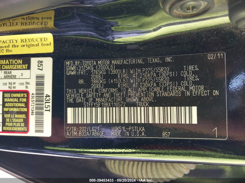 2011 Toyota Tundra Limited 5.7L V8 VIN: 5TFFY5F19BX110572 Lot: 39453433