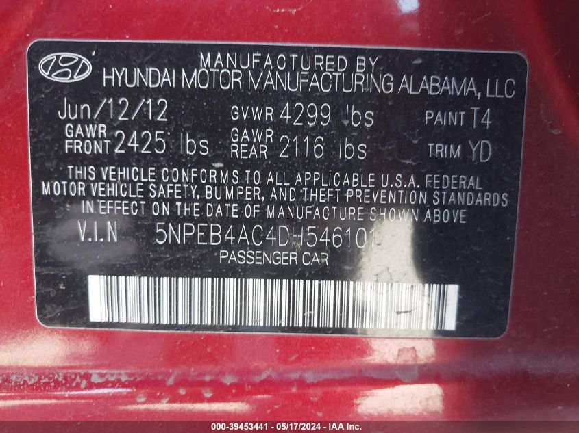 2013 Hyundai Sonata Gls VIN: 5NPEB4AC4DH546101 Lot: 39453441