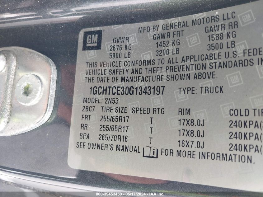 2016 Chevrolet Colorado Lt VIN: 1GCHTCE30G1343197 Lot: 39453450