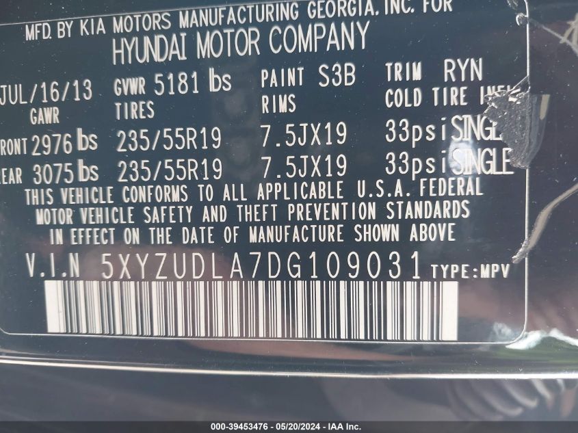 2013 Hyundai Santa Fe Sport 2.0T VIN: 5XYZUDLA7DG109031 Lot: 39453476