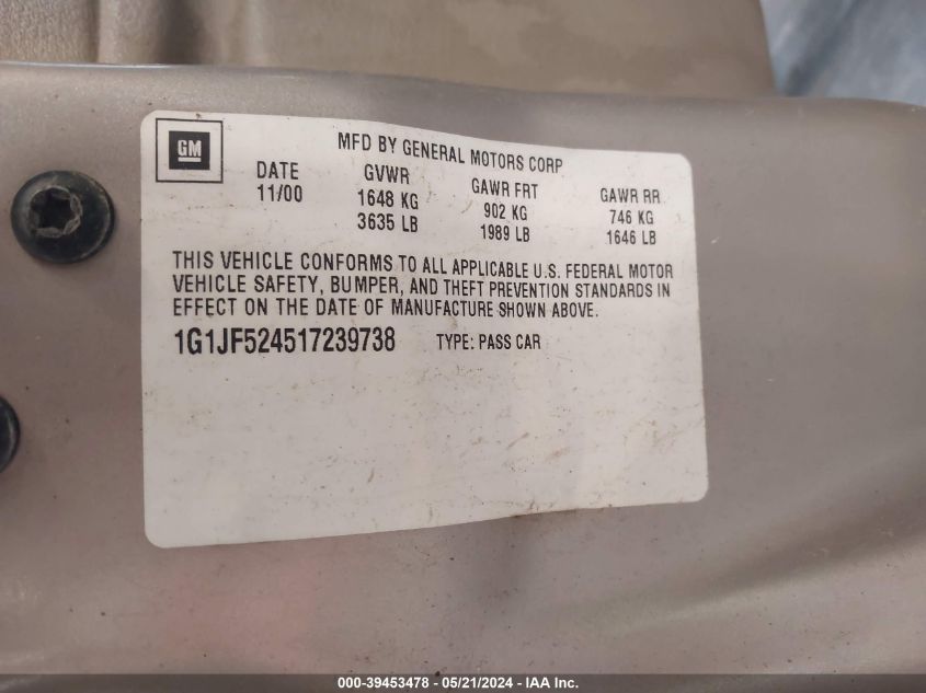 2001 Chevrolet Cavalier Ls VIN: 1G1JF524517239738 Lot: 39453478