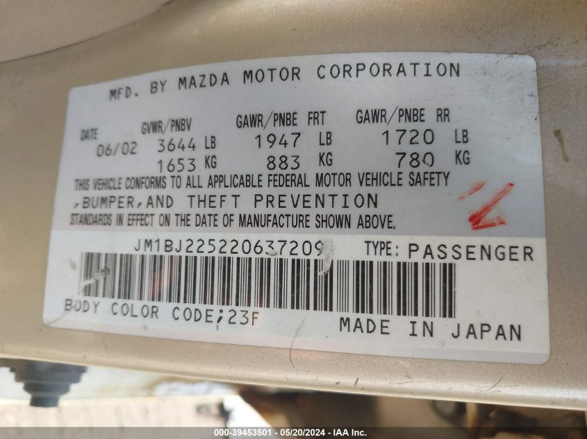 2002 Mazda Protege Dx/Es/Lx VIN: JM1BJ225220637209 Lot: 39453501