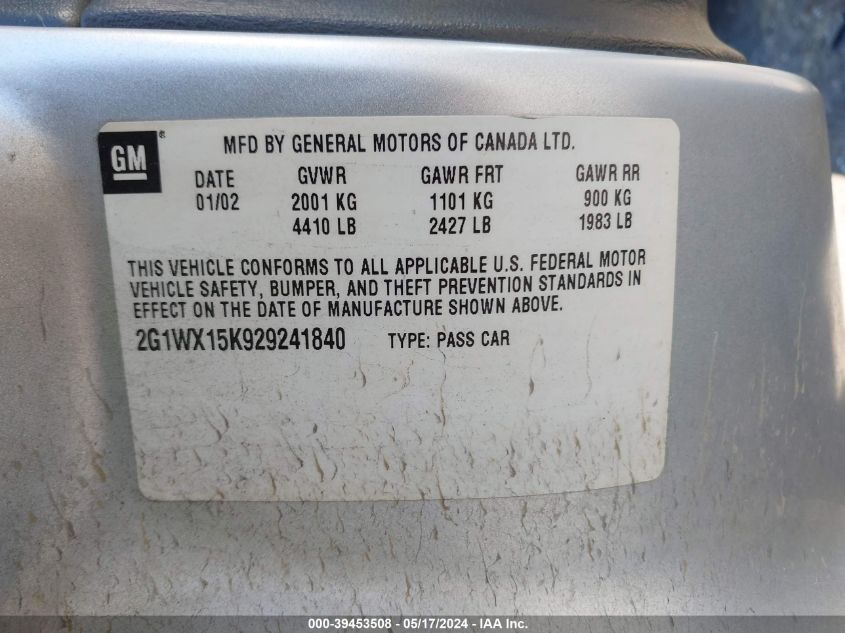 2002 Chevrolet Monte Carlo Ss VIN: 2G1WX15K929241840 Lot: 39453508