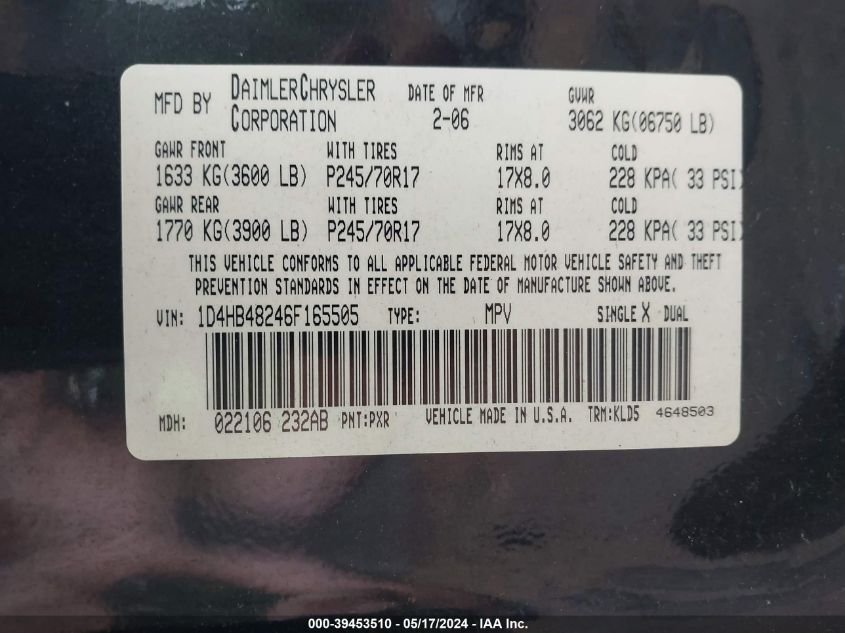 2006 Dodge Durango Slt VIN: 1D4HB48246F165505 Lot: 39453510