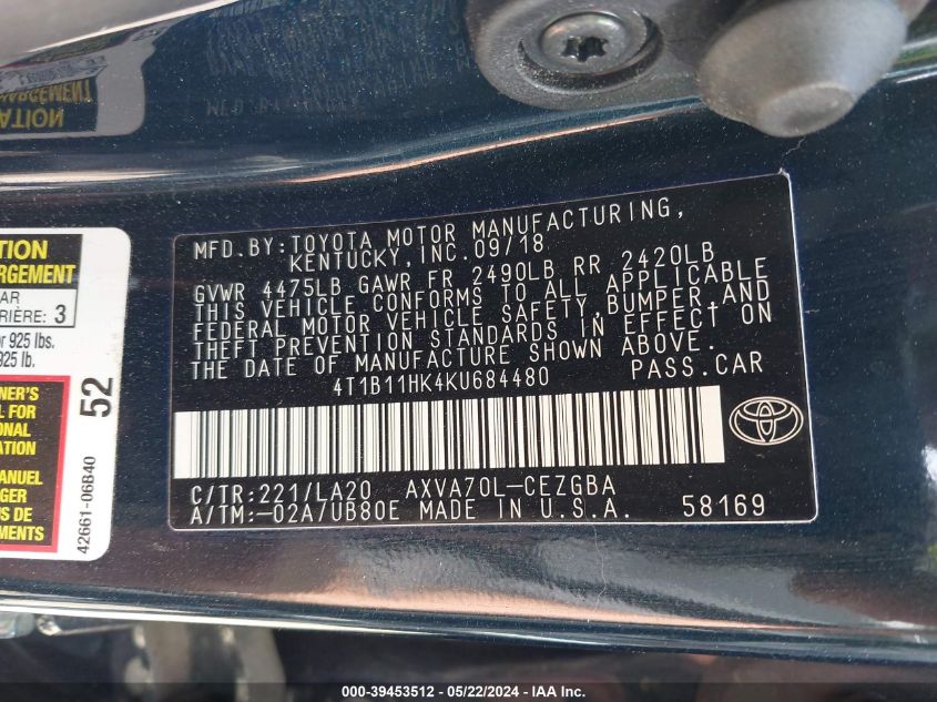 2019 Toyota Camry Xle VIN: 4T1B11HK4KU684480 Lot: 39453512