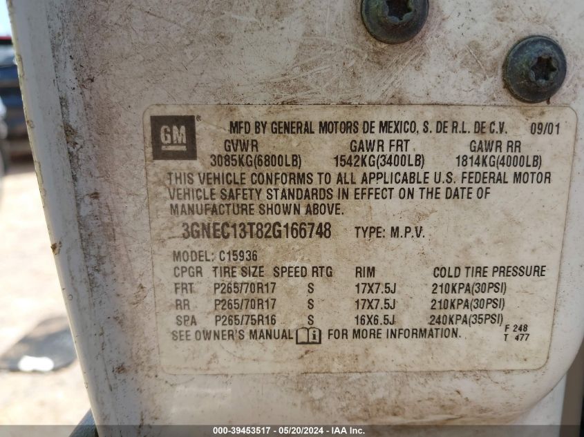 2002 Chevrolet Avalanche 1500 VIN: 3GNEC13T82G166748 Lot: 39453517