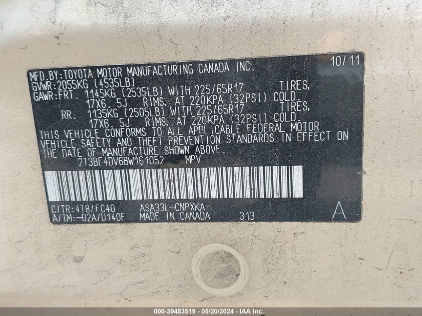 2011 Toyota Rav4 VIN: 2T3BF4DV6BW161052 Lot: 39453519