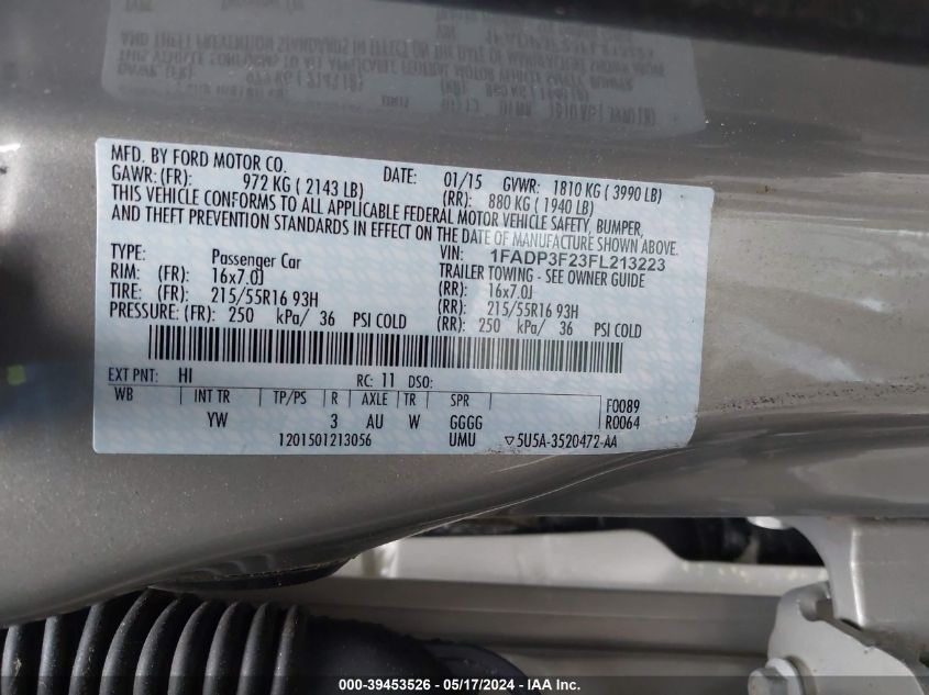 2015 Ford Focus Se VIN: 1FADP3F23FL213223 Lot: 39453526