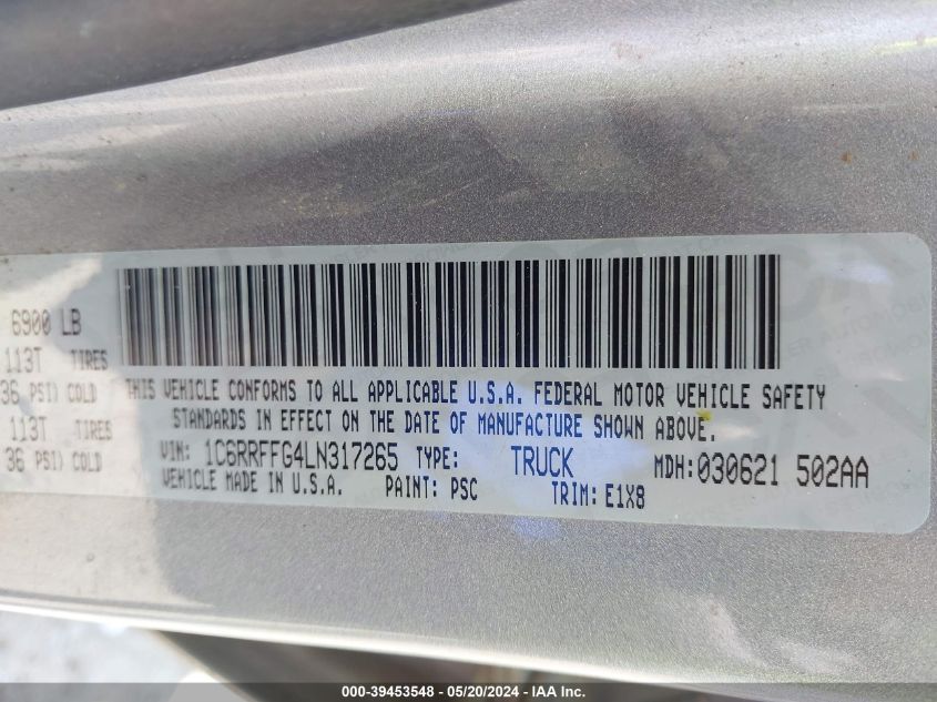 2020 Ram 1500 Big Horn 4X4 5'7 Box VIN: 1C6RRFFG4LN317265 Lot: 39453548