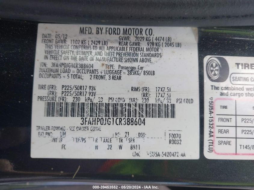 2012 Ford Fusion Sel VIN: 3FAHP0JG1CR388604 Lot: 39453552