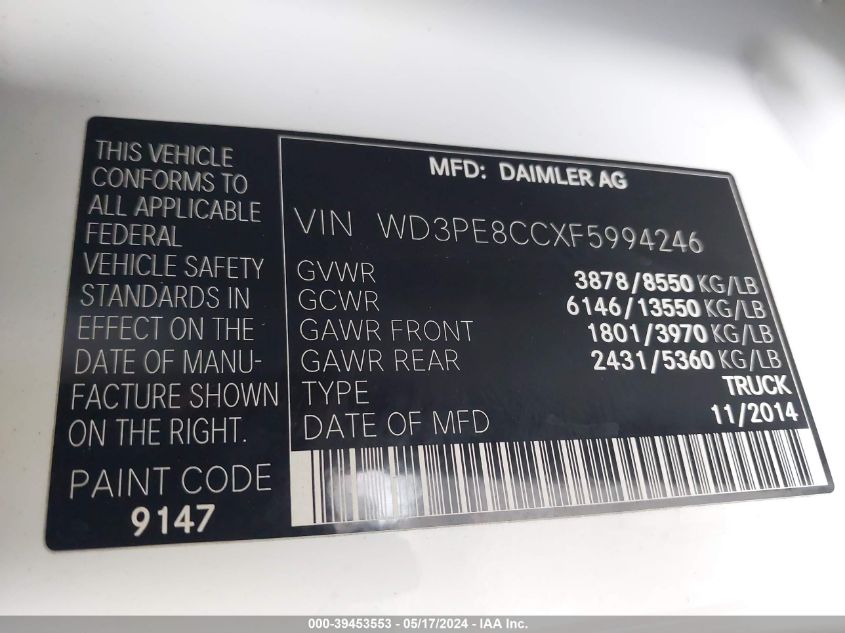 2015 Mercedes-Benz Sprinter 2500 VIN: WD3PE8CCXF5994246 Lot: 39453553