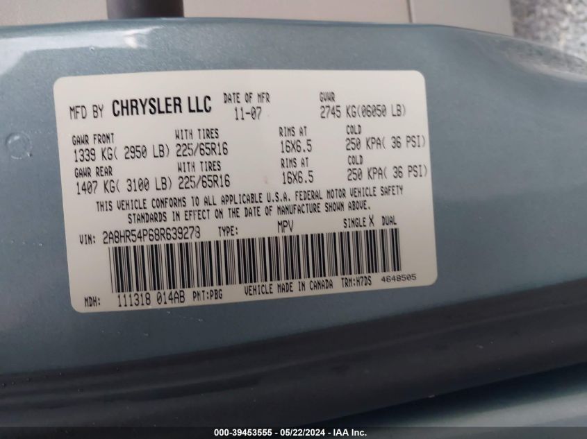 2008 Chrysler Town & Country Touring VIN: 2A8HR54P68R639278 Lot: 39453555