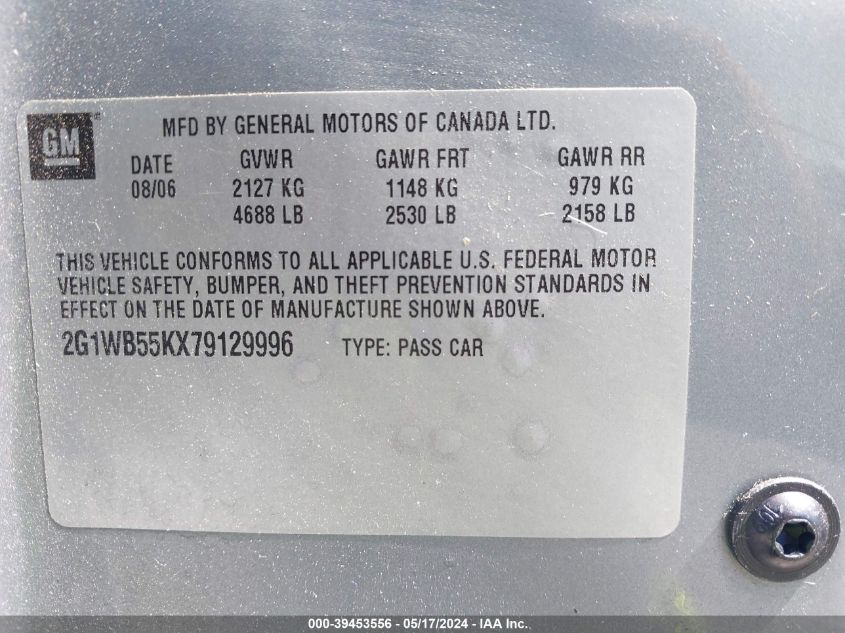2007 Chevrolet Impala Ls VIN: 2G1WB55KX79129996 Lot: 39453556